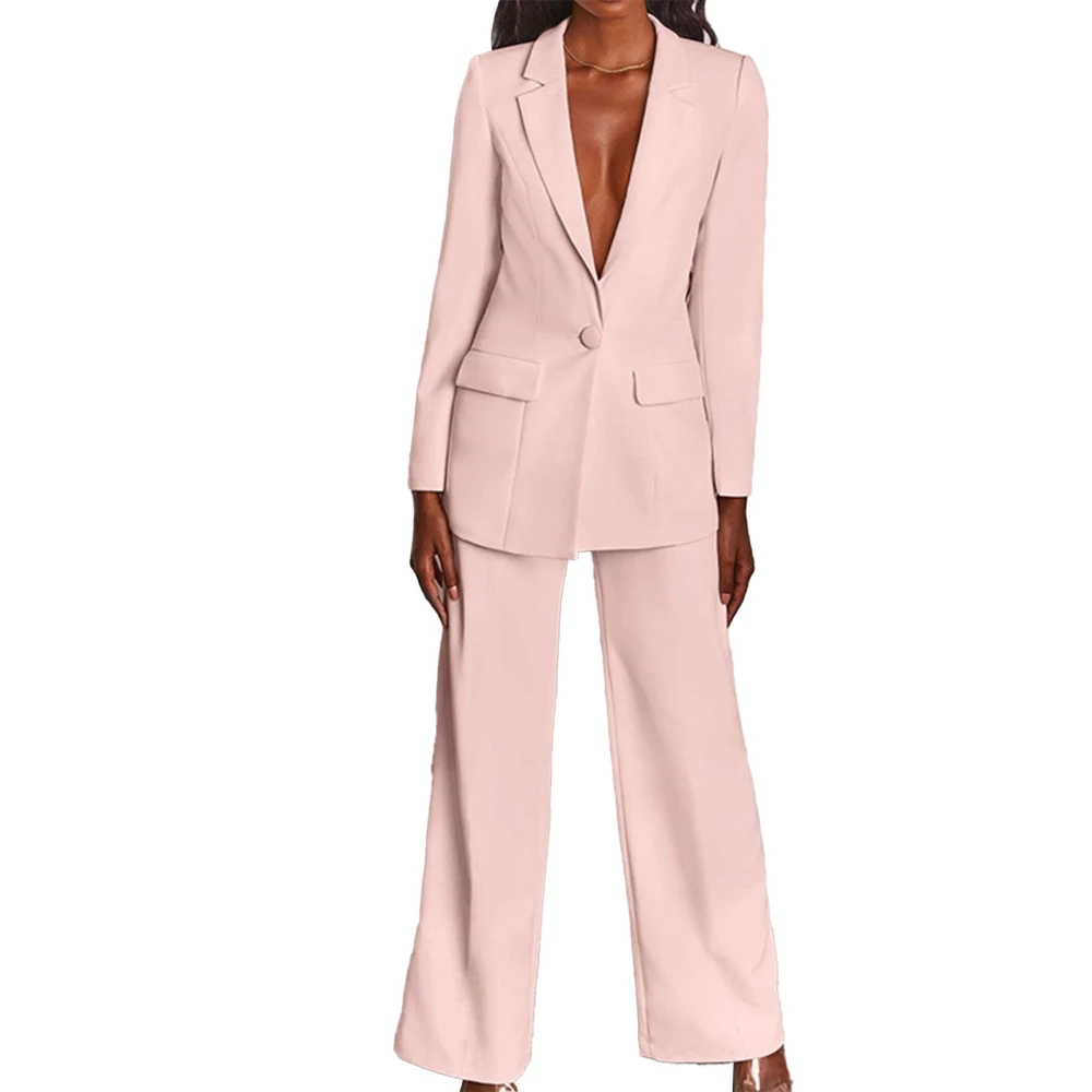 Women Casual Suit Set Long Sleeve Deep V Neck Button Pockets Suit Jacket and Wide Straight Leg Pant Pink L