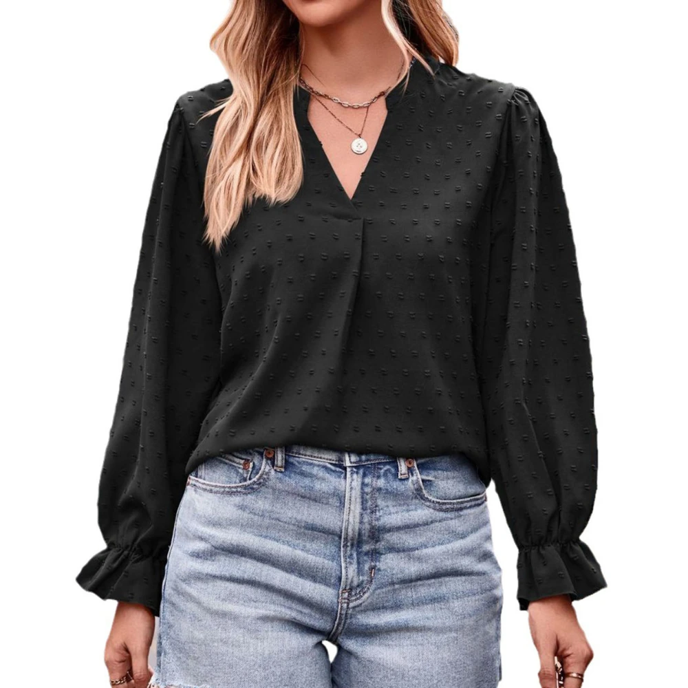 Women V Neck T Shirt Long Bell Sleeves Loose Fitting Pure Color Casual Jacquard Dot Blouse Black XXL