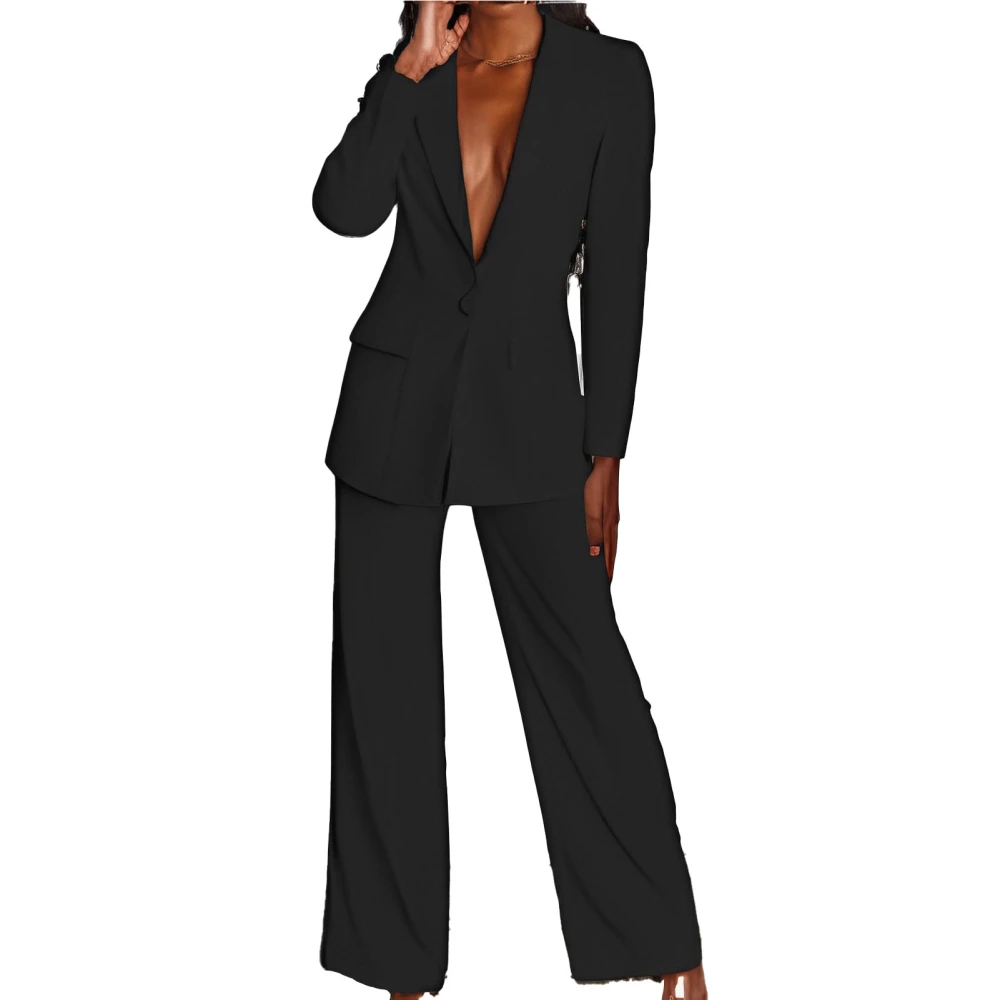 Women Casual Suit Set Long Sleeve Deep V Neck Button Pockets Suit Jacket and Wide Straight Leg Pant Black M