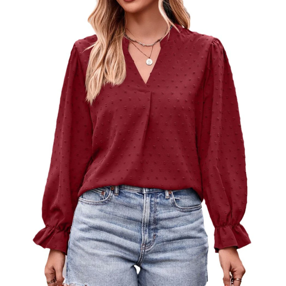 Women V Neck T Shirt Long Bell Sleeves Loose Fitting Pure Color Casual Jacquard Dot Blouse Jujube Red S