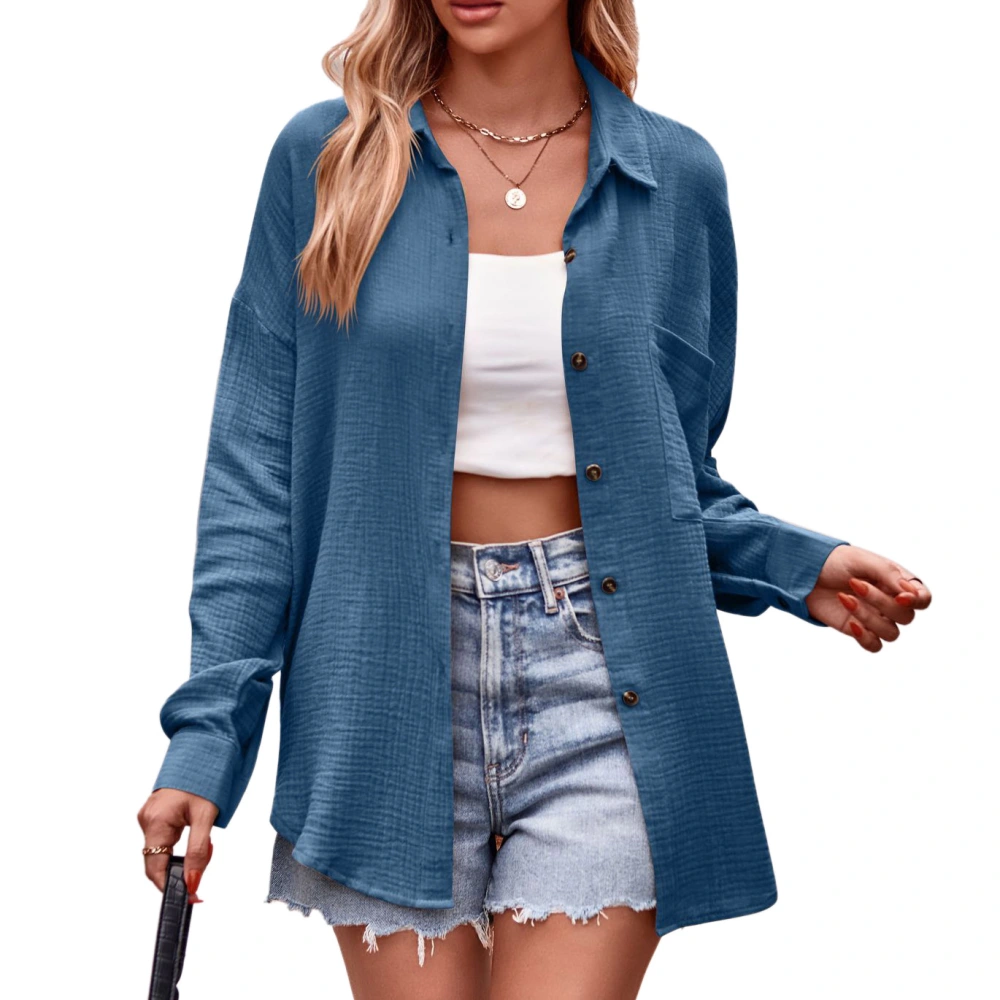 Long Sleeve Blouse with Pocket Women Casual Shirt Single Breasted Button Turndown Collar Fashion Top Blue M