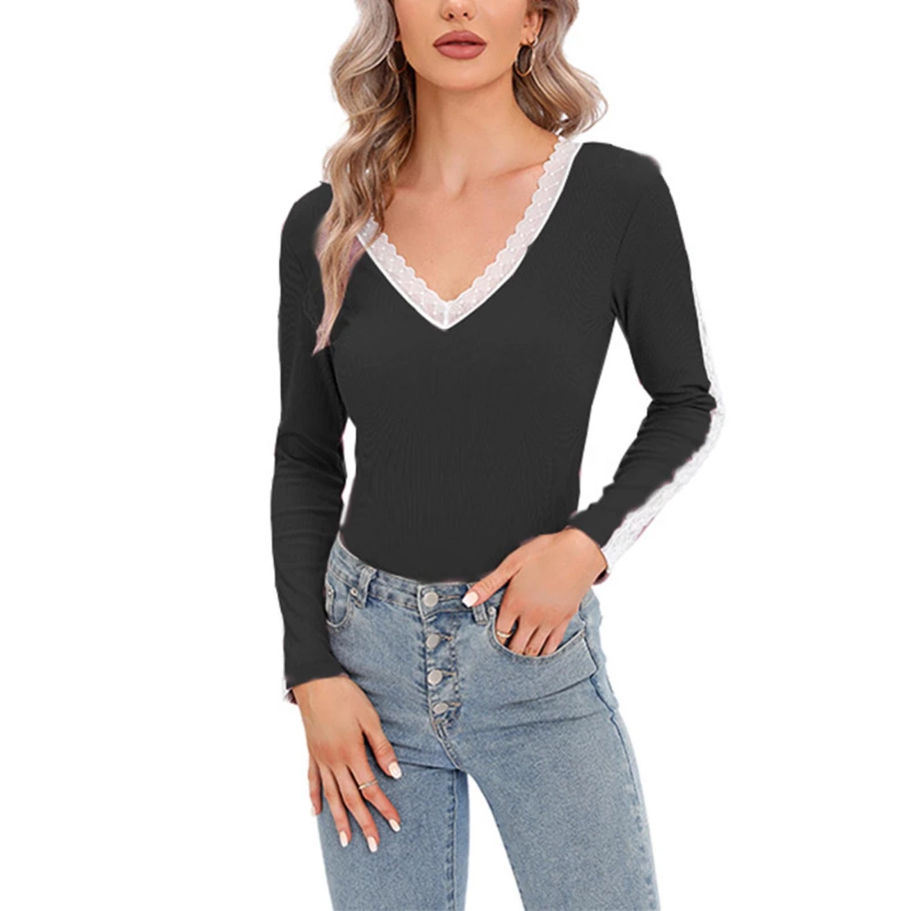 Women Long Sleeve Shirt V Neck Lace Splicing Slim Fit Color Block Long Sleeve Top for Daily Party Travel Black M