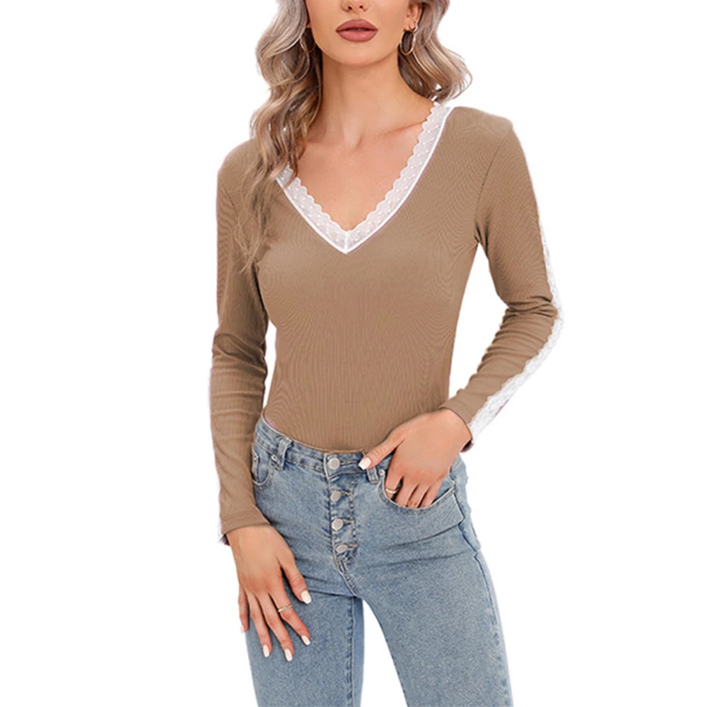 Women Long Sleeve Shirt V Neck Lace Splicing Slim Fit Color Block Long Sleeve Top for Daily Party Travel Khaki L