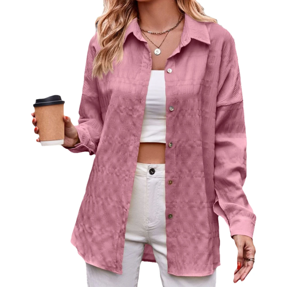 Women Shirt Long Sleeve Turndown Collar Button Down Loose Fit Pure Color Casual Lady Blouse for Daily Work Leather Pink S