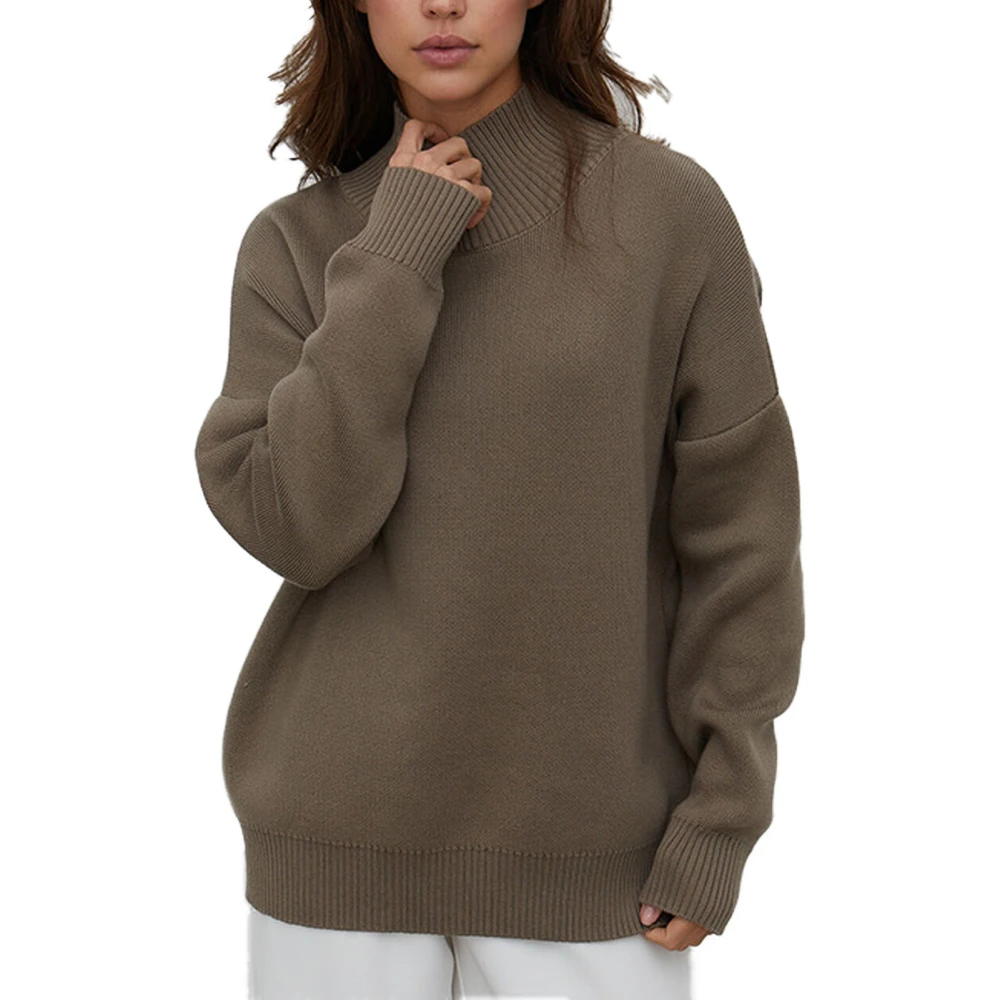 Woman Turtleneck Sweater Stylish Loose Long Sleeve Pure Color Leisure Warmth Sweater for Autumn Winter Dark Brown Free Size