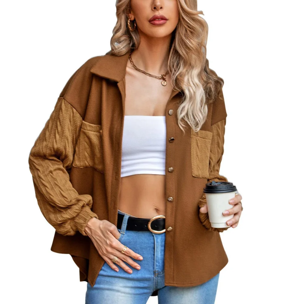 Women Shirt Turn Down Collar Long Sleeve Loose Casual Splicing Shirt Top for Home Outdoor Party Holiday Caramel Colour XL