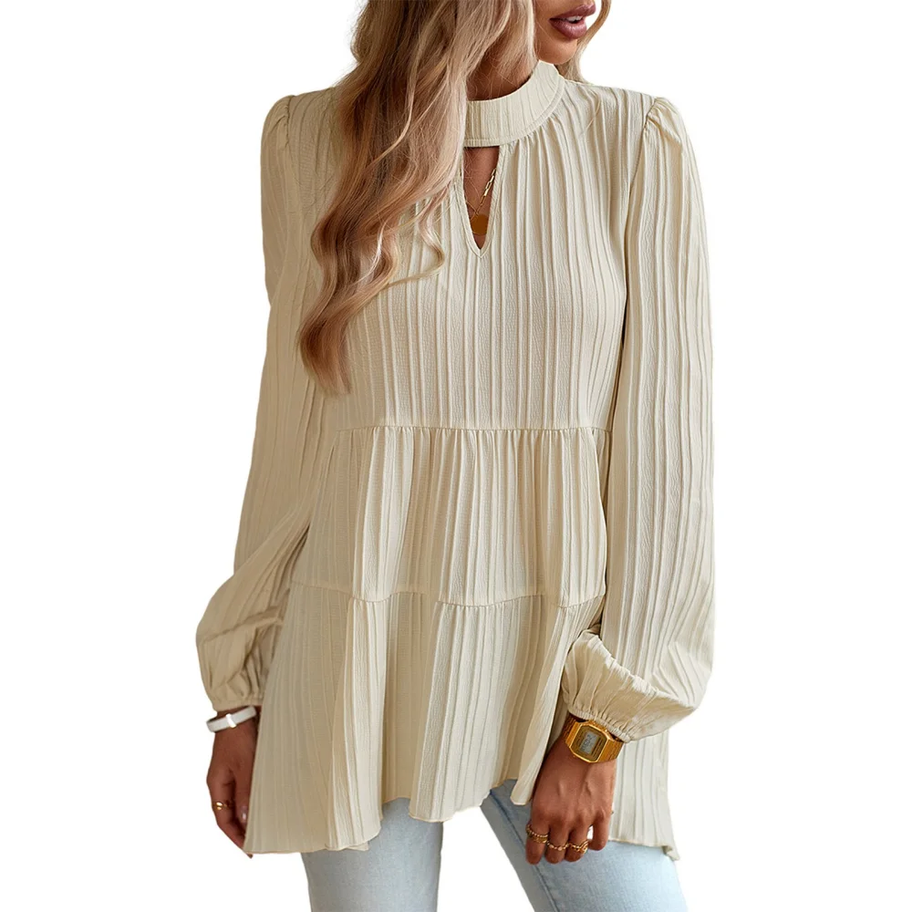 Woman Openwork Blouse Elastic Half Turtleneck Long Sleeved Pleated Texture Flowy Top for Party Shopping Casual Apricot S