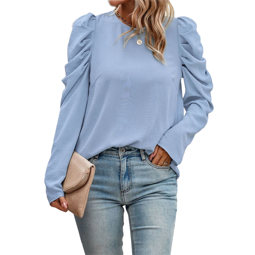 Women Long Sleeve Top Crewneck Ruched Puff Sleeve Pure Color Soft Skin Friendly Women Tunic Top for Party Office Outing Light Blue L