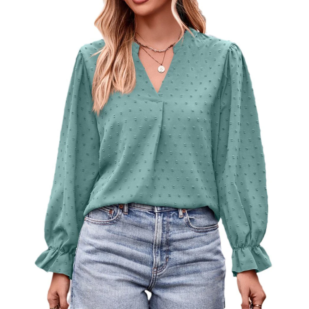 Women V Neck T Shirt Long Bell Sleeves Loose Fitting Pure Color Casual Jacquard Dot Blouse Agate Green S