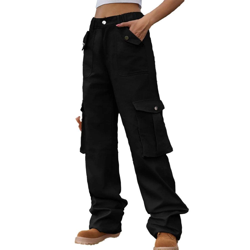 Women Multiple Pockets Pants Elastic High Waist Wide Straight Leg Relaxed Fit Slacks Black XL