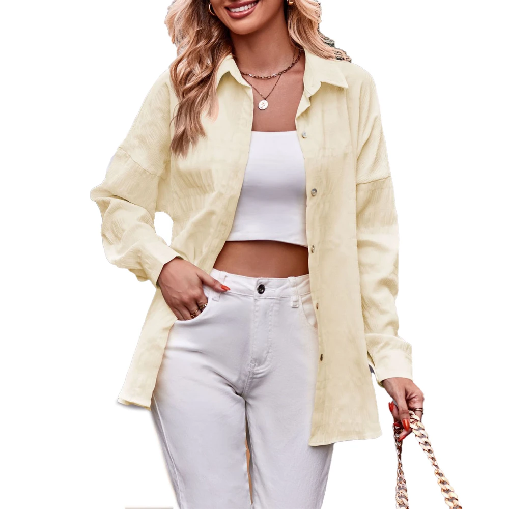 Women Shirt Long Sleeve Turndown Collar Button Down Loose Fit Pure Color Casual Lady Blouse for Daily Work Light Yellow L