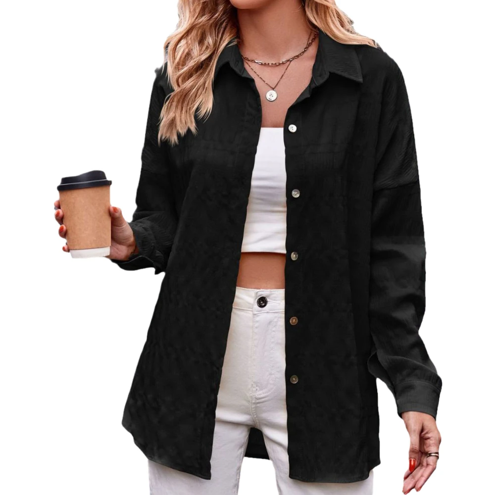 Women Shirt Long Sleeve Turndown Collar Button Down Loose Fit Pure Color Casual Lady Blouse for Daily Work Black L