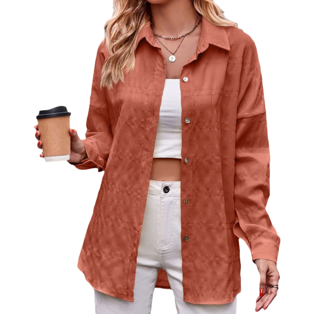 Women Shirt Long Sleeve Turndown Collar Button Down Loose Fit Pure Color Casual Lady Blouse for Daily Work Orange XL