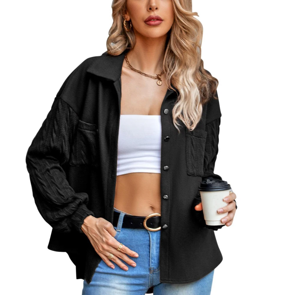 Women Shirt Turn Down Collar Long Sleeve Loose Casual Splicing Shirt Top for Home Outdoor Party Holiday Black M