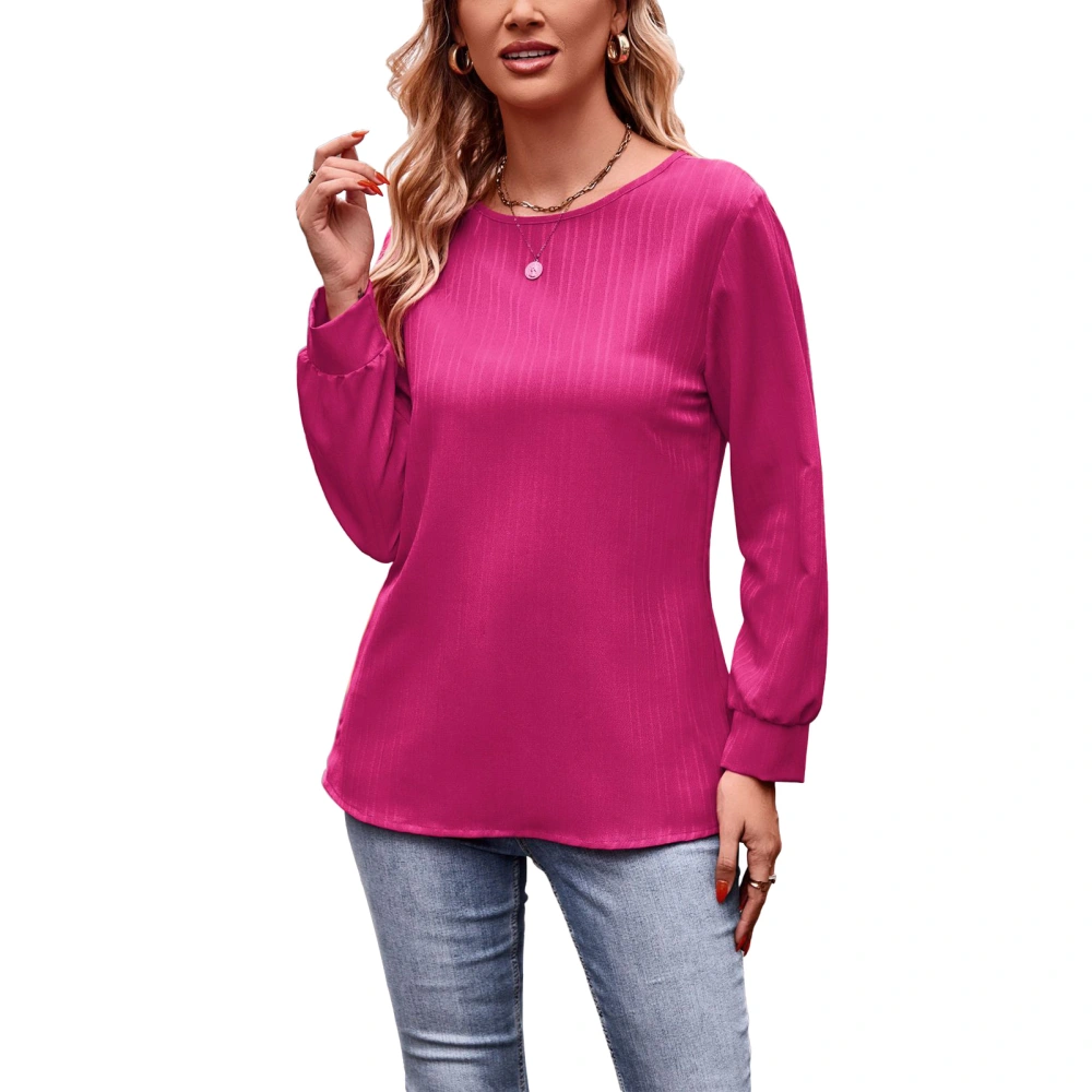 Long Sleeve Crew Neck Tops Leisure Pure Color Fashionable Soft Women Loose T Shirt for Daily Life Traveling Rose Red M