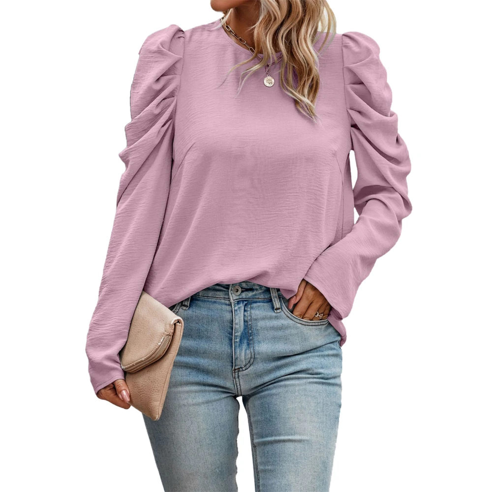 Women Long Sleeve Top Crewneck Ruched Puff Sleeve Pure Color Soft Skin Friendly Women Tunic Top for Party Office Outing Pink S