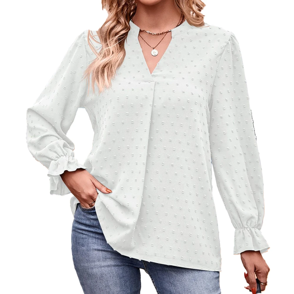 Women V Neck T Shirt Long Bell Sleeves Loose Fitting Pure Color Casual Jacquard Dot Blouse White L