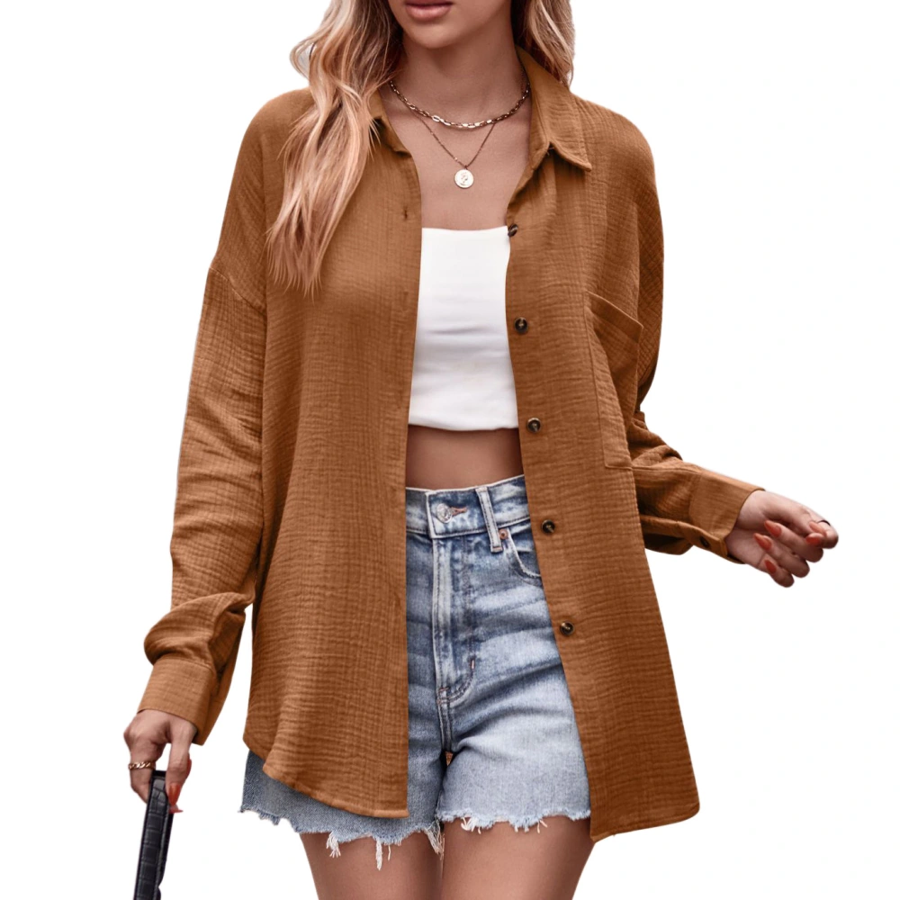 Long Sleeve Blouse with Pocket Women Casual Shirt Single Breasted Button Turndown Collar Fashion Top Brown XXL