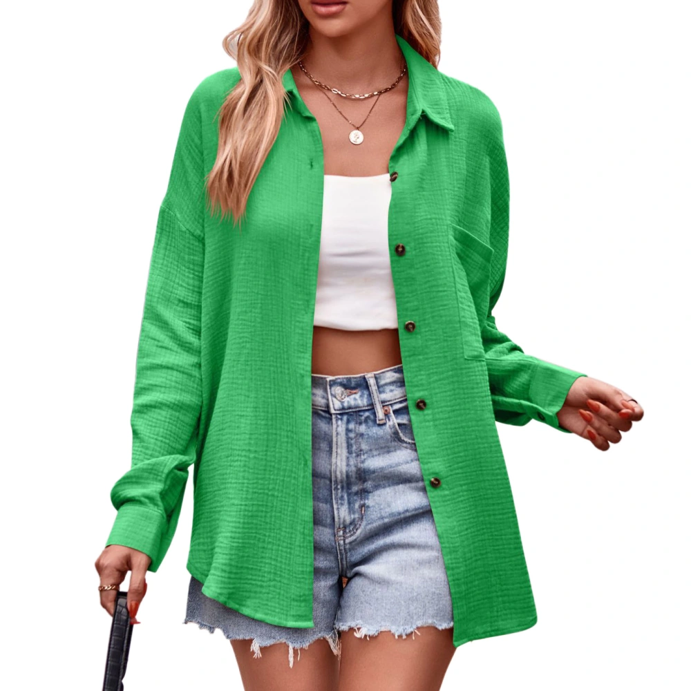 Long Sleeve Blouse with Pocket Women Casual Shirt Single Breasted Button Turndown Collar Fashion Top Green XL