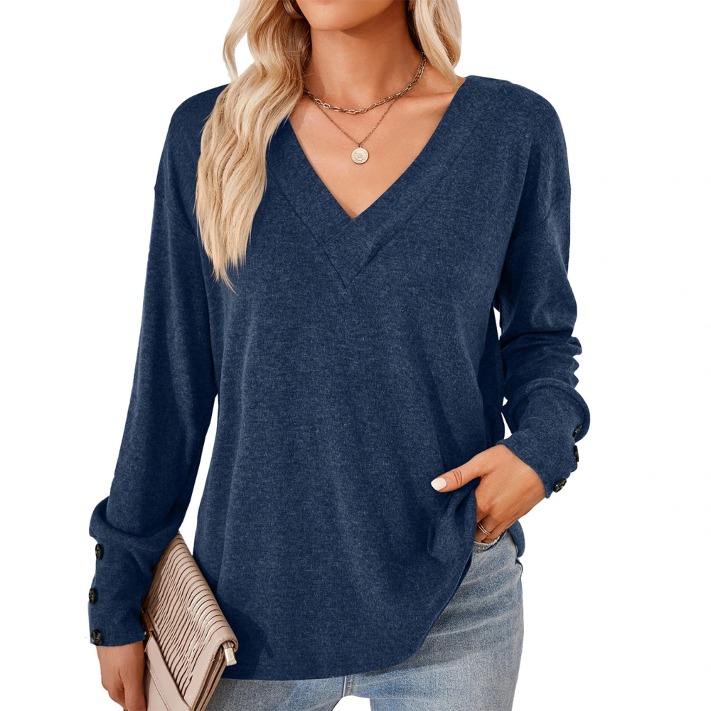 Women V Neck Long Sleeve Shirt Pure Color Fashionable Casual Loose Undershirt for Daily Outdoor Travel Royalblue XL