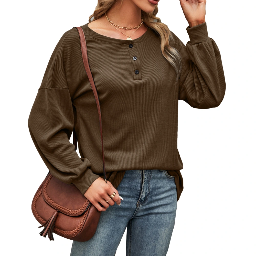 Women Long Sleeve Top Round Neck Loose T Shirt Button Decoration Casual Bottoming Shirt for Daily Wear Brown M