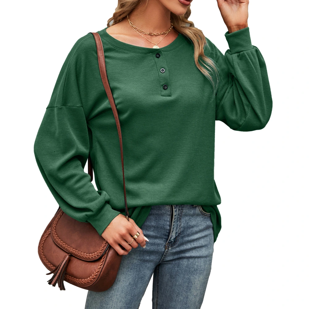 Women Long Sleeve Top Round Neck Loose T Shirt Button Decoration Casual Bottoming Shirt for Daily Wear Green XXL