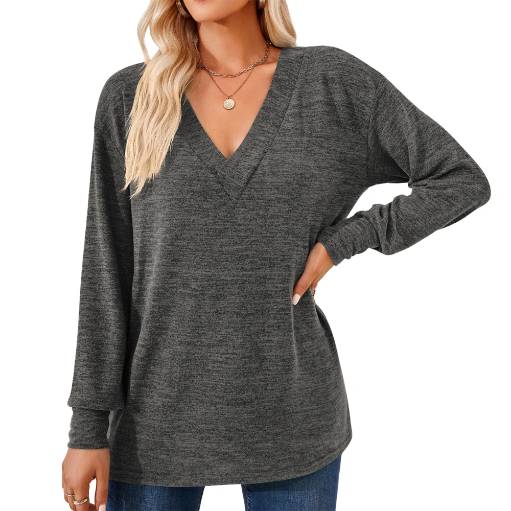 Women Long Sleeve Shirt V Neck Pure Color Casual Loose Women Long Sleeve T Shirt Undershirt for Home Party Work Dark Gray S