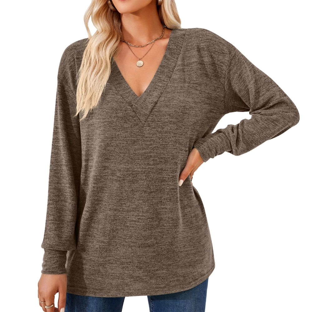 Women Long Sleeve Shirt V Neck Pure Color Casual Loose Women Long Sleeve T Shirt Undershirt for Home Party Work Coffee XL