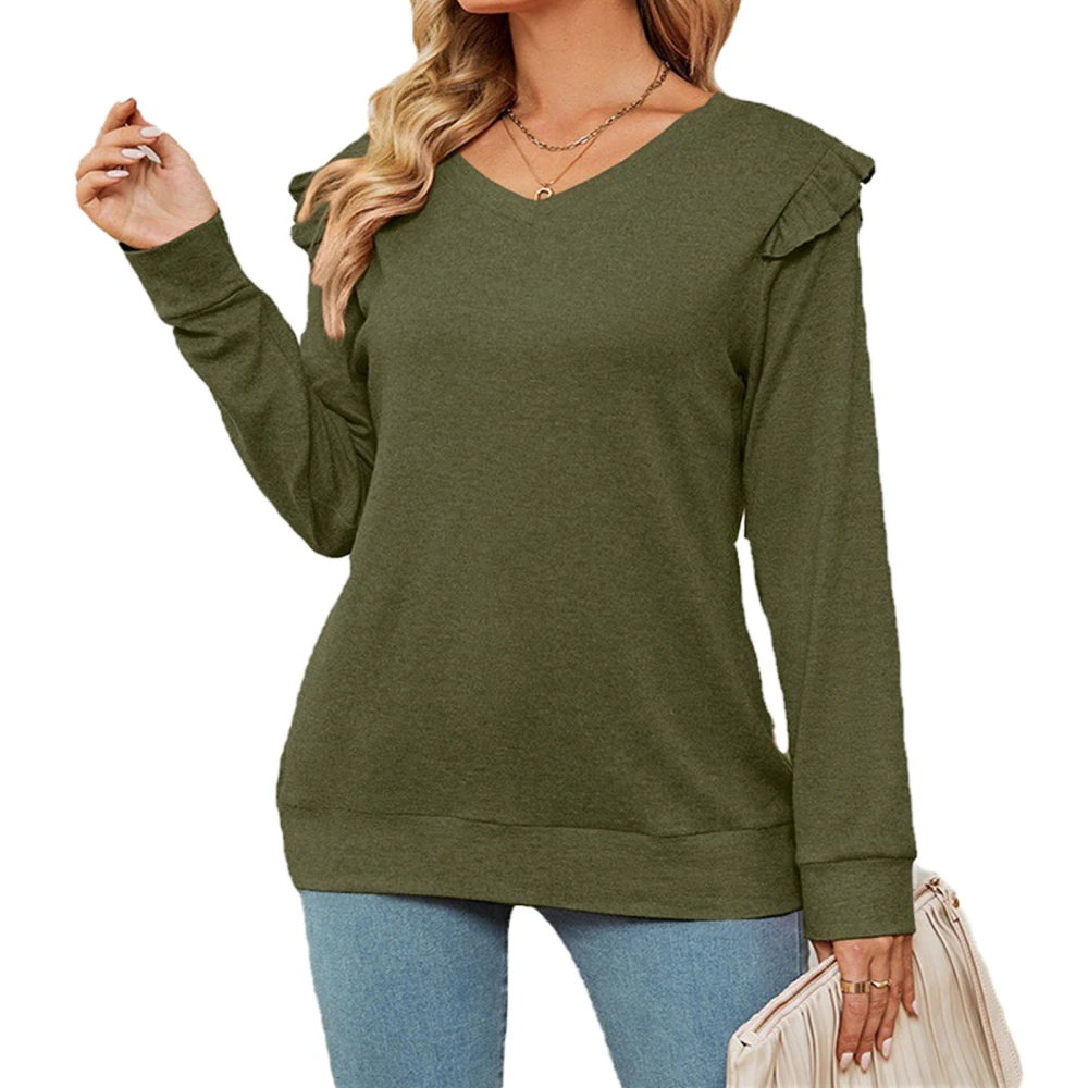 Women Long Sleeve Top V Neck Pure Color Frill Trim Comfortable Pullover Sweatshirt for Daily Wear OD Green XXL