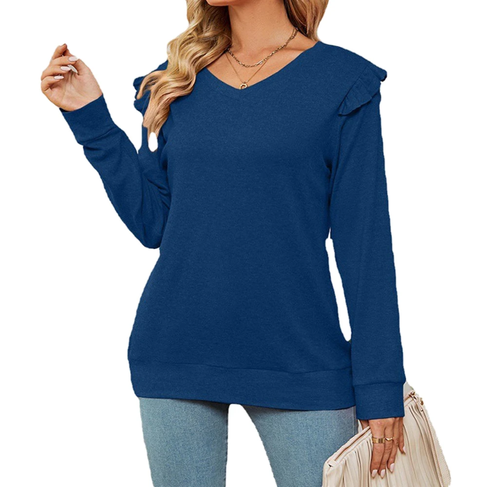 Women Long Sleeve Top V Neck Pure Color Frill Trim Comfortable Pullover Sweatshirt for Daily Wear Blue XL