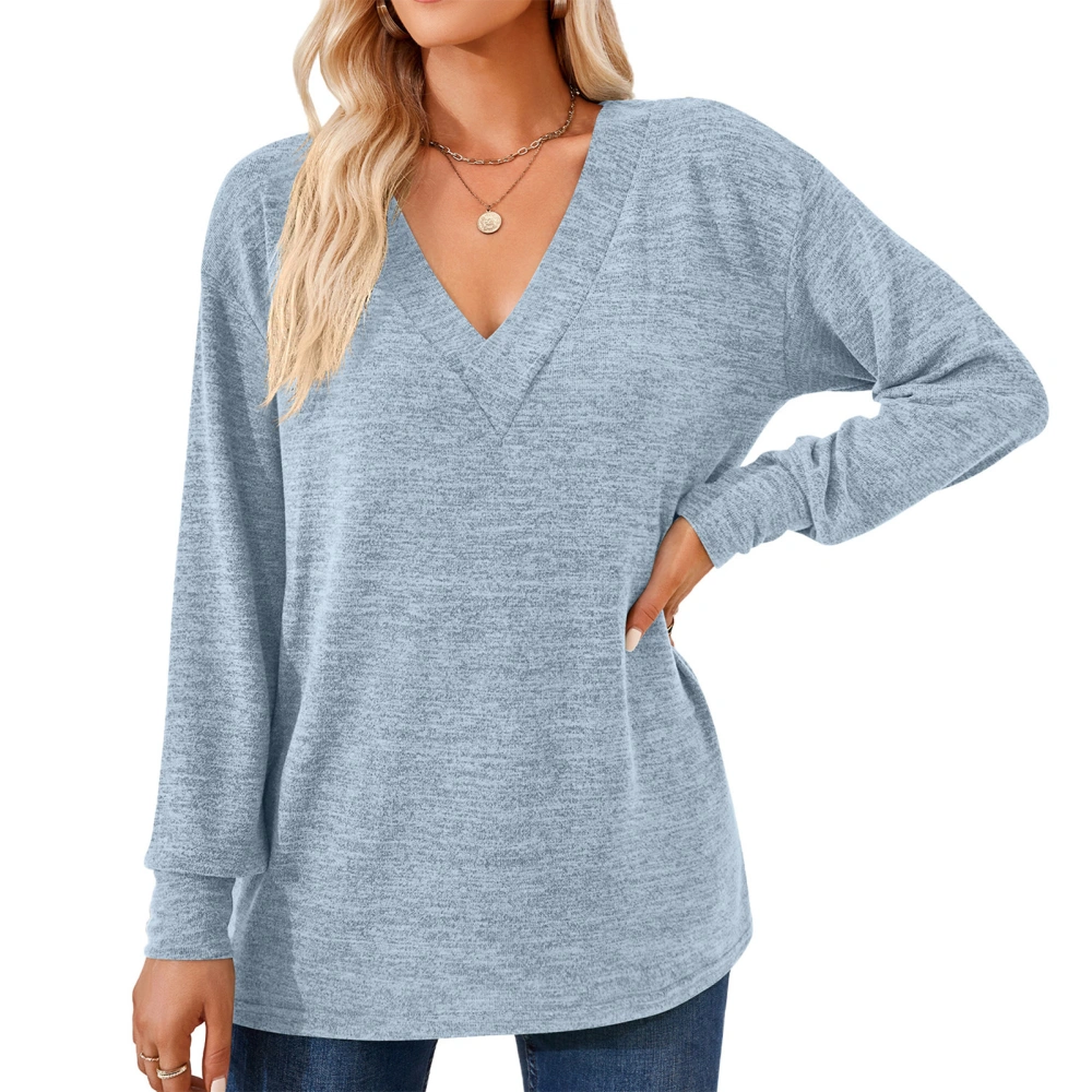 Women Long Sleeve Shirt V Neck Pure Color Casual Loose Women Long Sleeve T Shirt Undershirt for Home Party Work Light Blue S