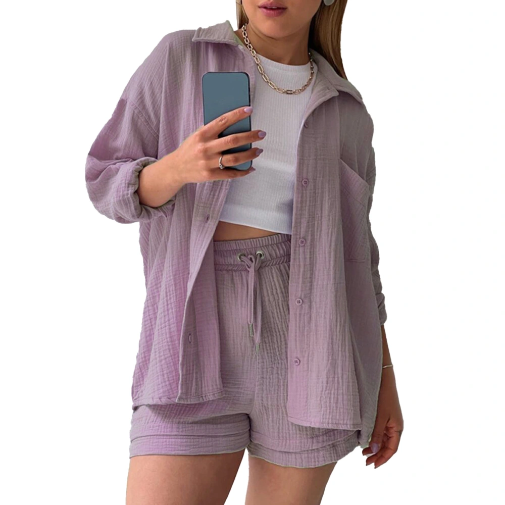 Long Sleeve Coat Shorts Front Pocket Drawstring Turn Down Collar Plus Size Plain Color Jacket High Waisted Shorts Suit Light Purple 2XL