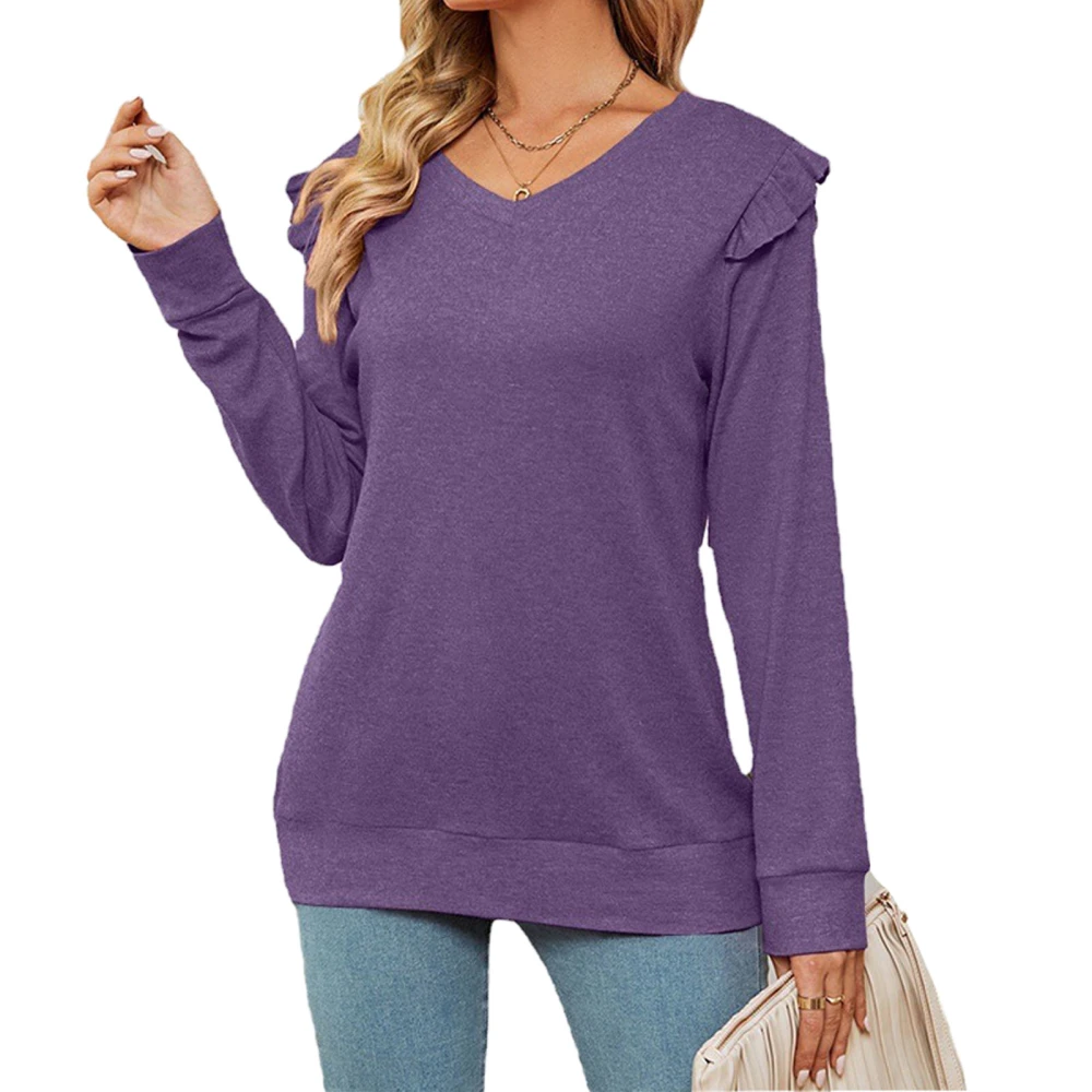 Women Long Sleeve Top V Neck Pure Color Frill Trim Comfortable Pullover Sweatshirt for Daily Wear Purple XXL