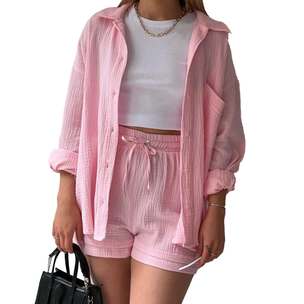 Long Sleeve Coat Shorts Front Pocket Drawstring Turn Down Collar Plus Size Plain Color Jacket High Waisted Shorts Suit Pink L