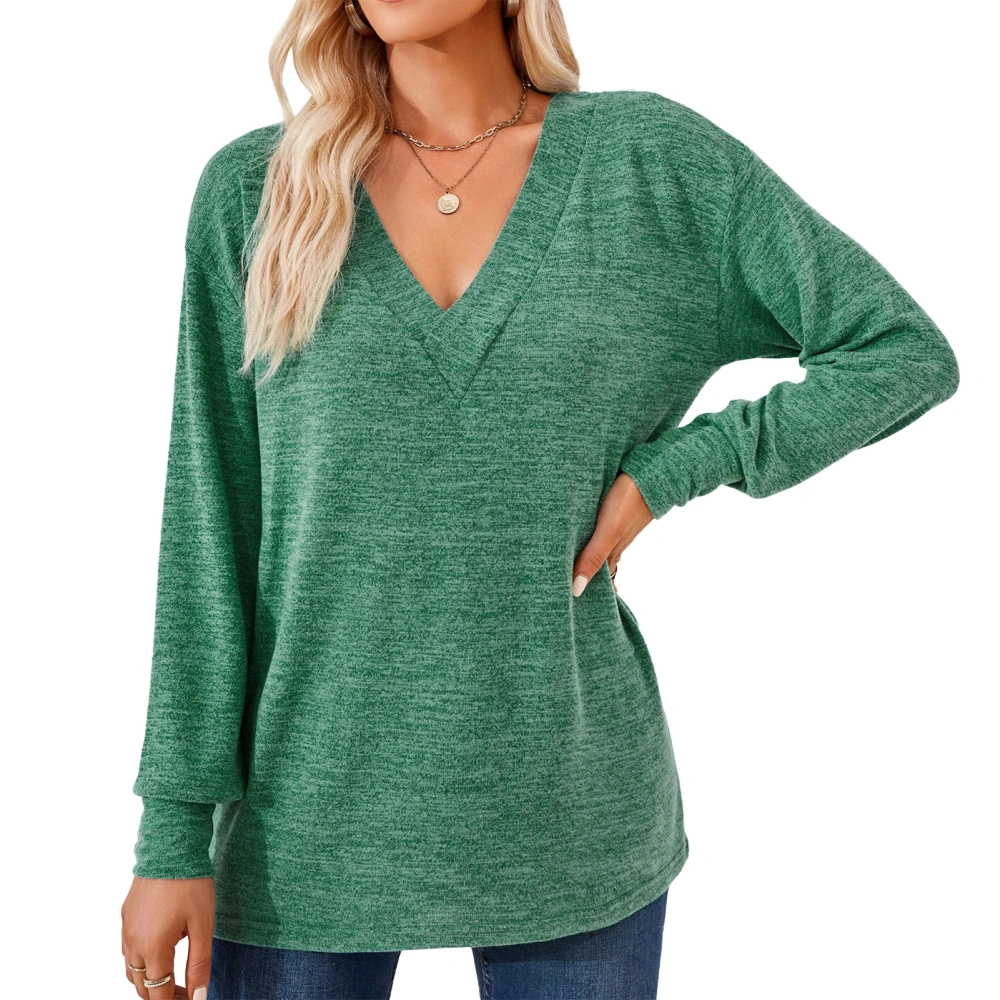 Women Long Sleeve Shirt V Neck Pure Color Casual Loose Women Long Sleeve T Shirt Undershirt for Home Party Work Green XXL