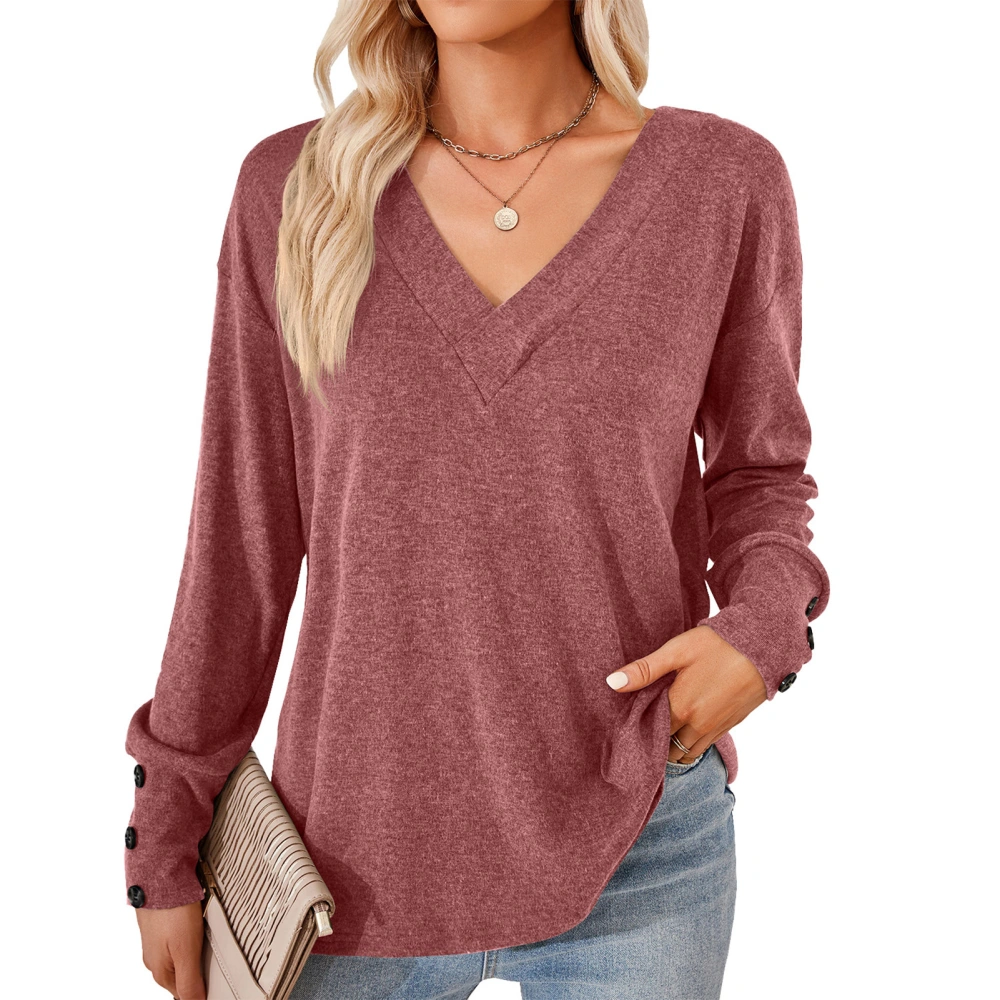 Women V Neck Long Sleeve Shirt Pure Color Fashionable Casual Loose Undershirt for Daily Outdoor Travel Aubergine XL