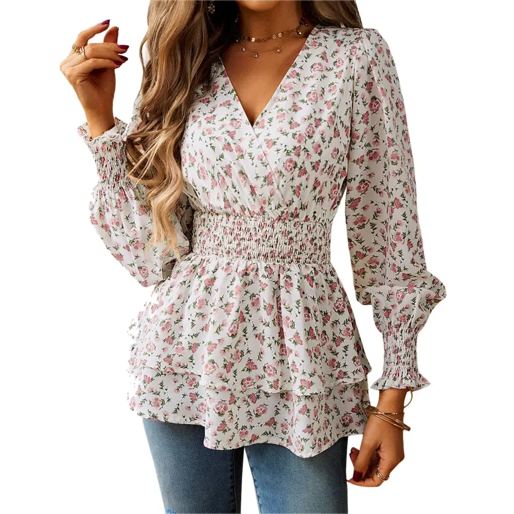 Women Long Sleeve Wrap V Neck Shirt Fashionable Ruffle Hem Floral Print Shirred Waist Top Blouse White S