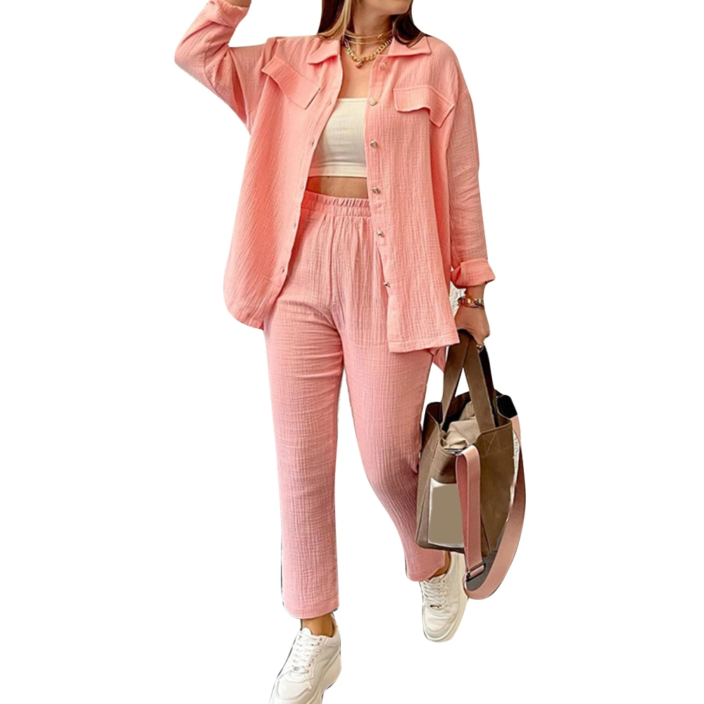 Women Outfit Set Button Up Top Elastic Waist Bottom Loose Fit Pure Color Loungewear Set Pink S