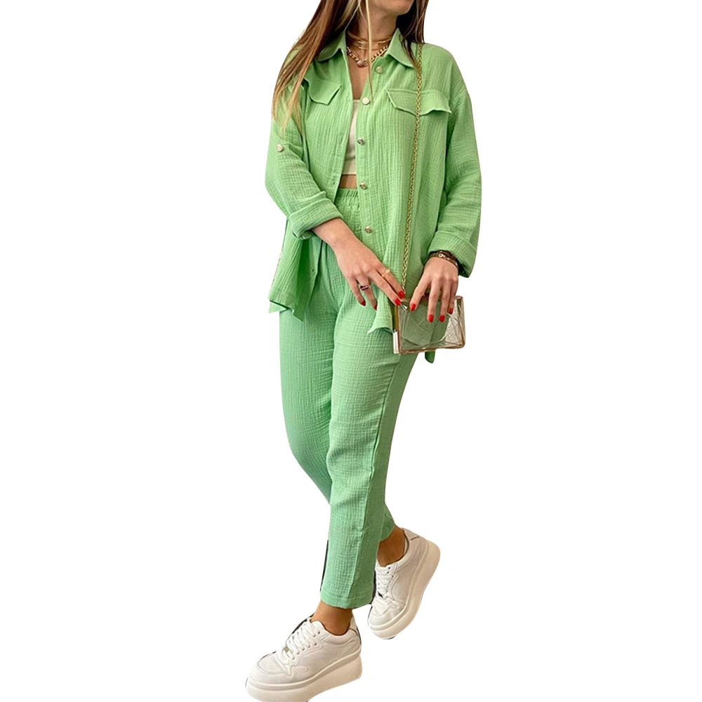 Women Outfit Set Button Up Top Elastic Waist Bottom Loose Fit Pure Color Loungewear Set Green L