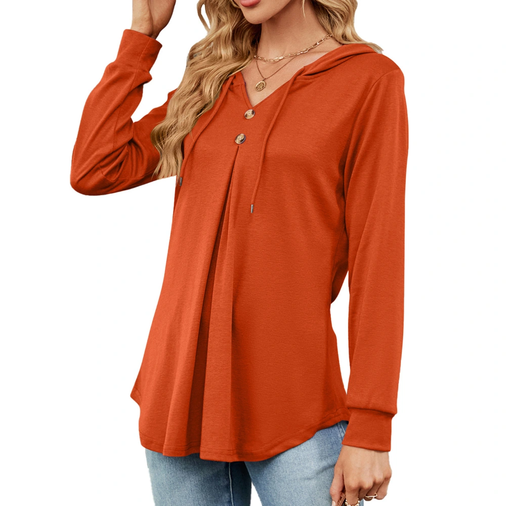 Women V Neck Long Sleeve Hoodies Autumn Winter Stylish Casual Loose Pure Color Drawstring Women Long Sleeve Pullover Tops Orange Red L