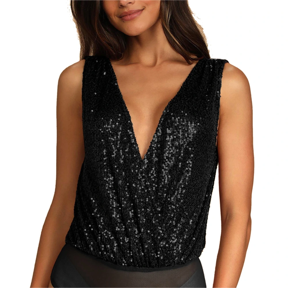 Women V Neck Bodysuit Top Shiny Sequin Low Cut Back Sleeveless Tank Top with Mesh Briefs Black M