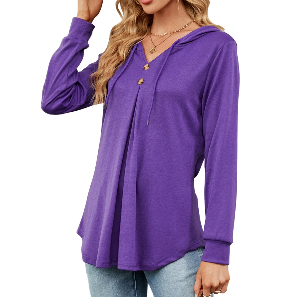 Women V Neck Long Sleeve Hoodies Autumn Winter Stylish Casual Loose Pure Color Drawstring Women Long Sleeve Pullover Tops Purple XXL