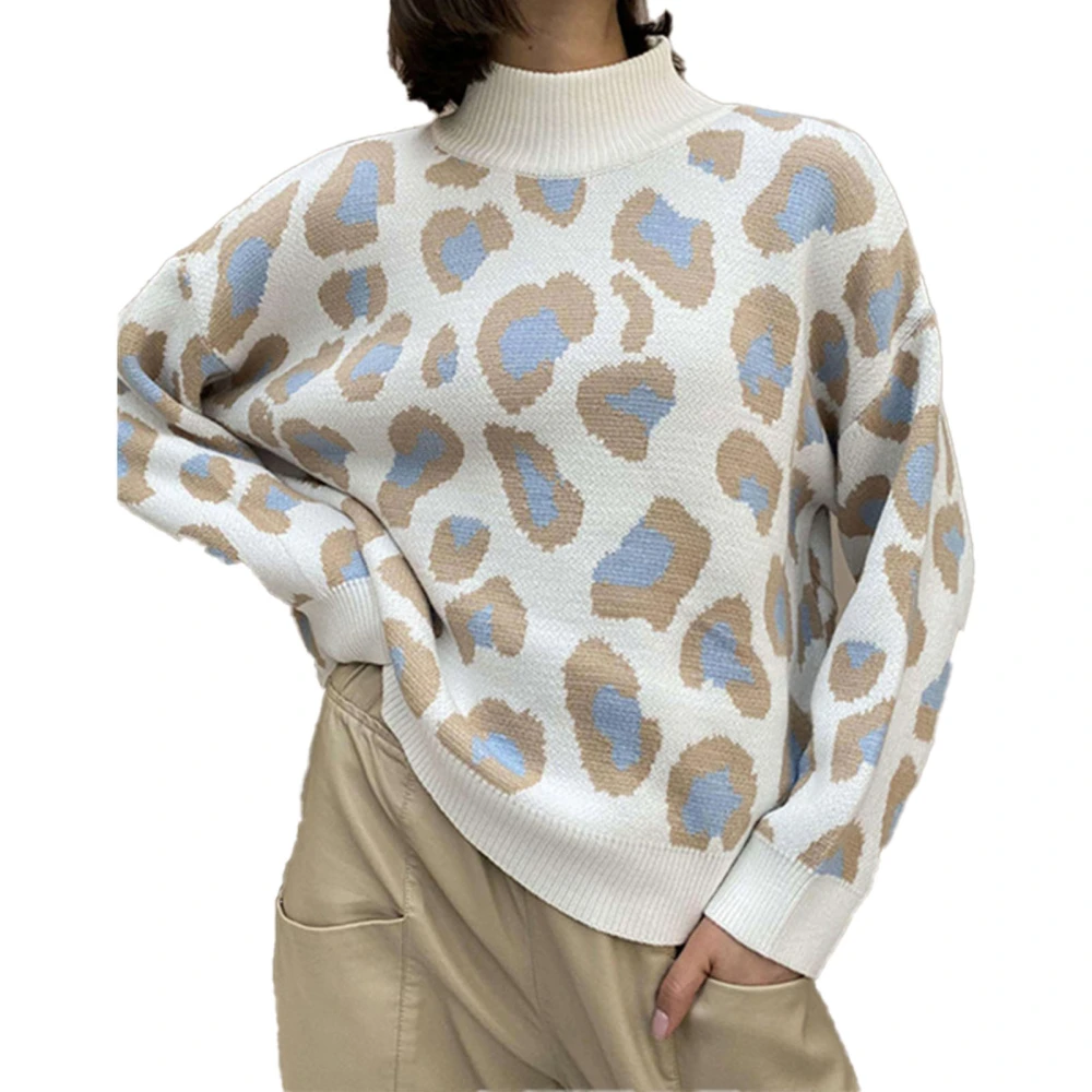 Women Half High Neck Sweater Leopard Print Long Sleeve Loose Fitting Casual Pullover Sweater Blue XL