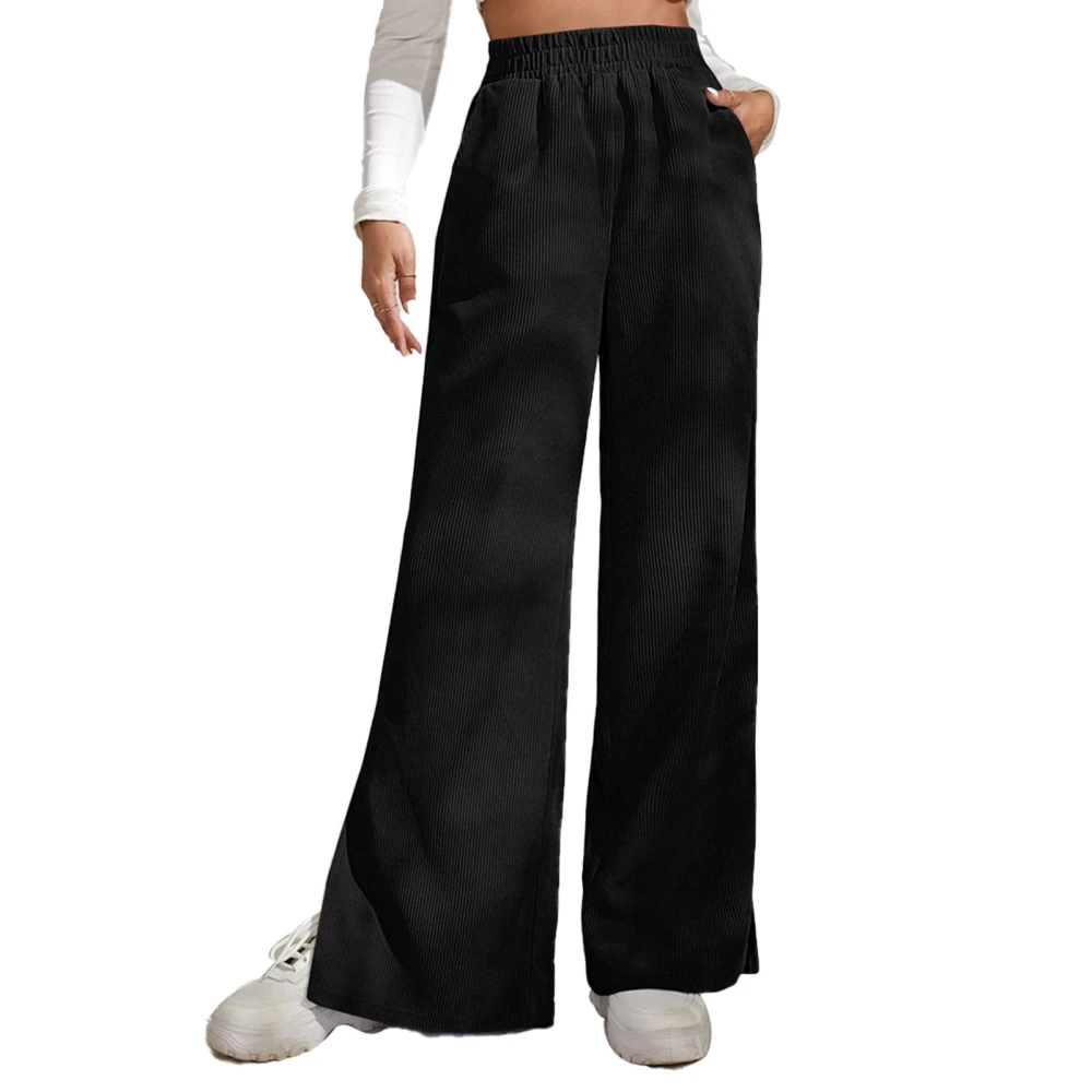 Woman Elastic High Waist Long Pants Split Hem Pure Color Trousers Wide Leg Pocket Long Pants Black L