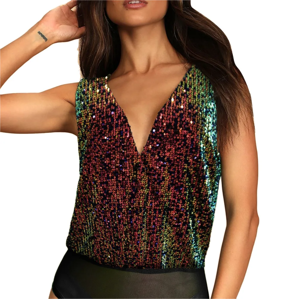 Women V Neck Bodysuit Top Shiny Sequin Low Cut Back Sleeveless Tank Top with Mesh Briefs Blue Gold On Black S