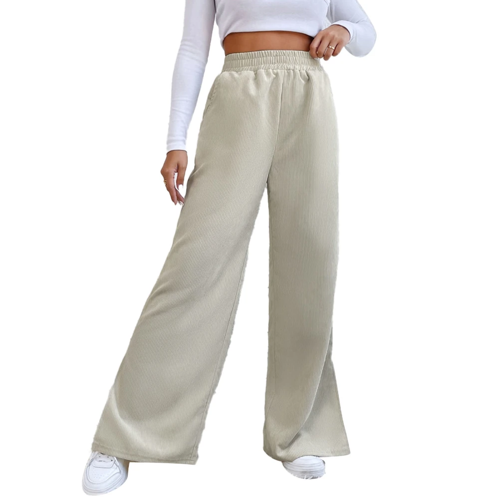 Woman Elastic High Waist Long Pants Split Hem Pure Color Trousers Wide Leg Pocket Long Pants Ivory White L