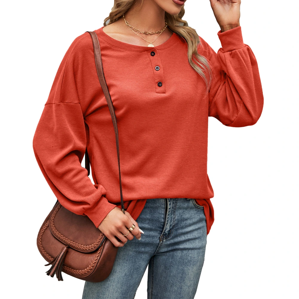 Women Long Sleeve Top Round Neck Loose T Shirt Button Decoration Casual Bottoming Shirt for Daily Wear Orange L