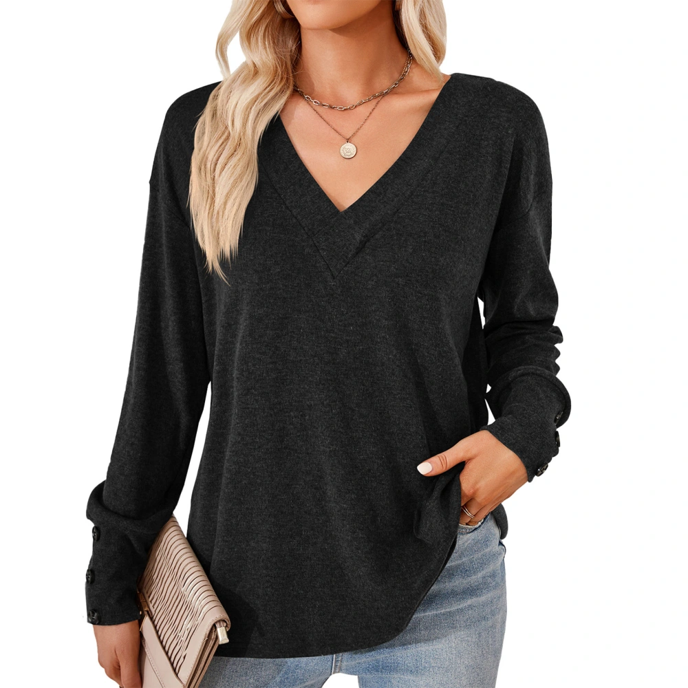 Women V Neck Long Sleeve Shirt Pure Color Fashionable Casual Loose Undershirt for Daily Outdoor Travel Black XXL