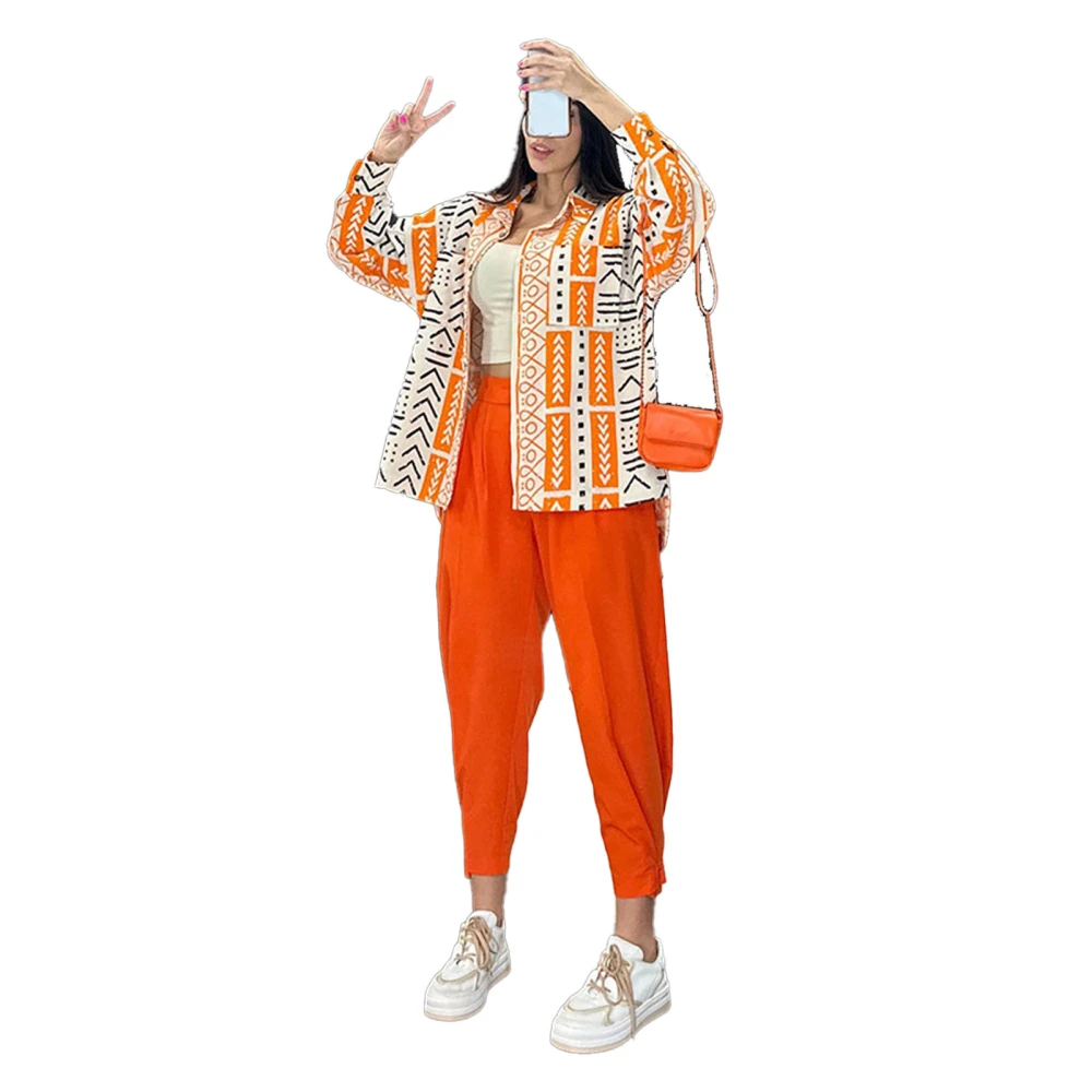 Women 2 Piece Outfits Tapered Cuff Pants Graphic Printing Top Loose Fit Loungewear Set Orange L