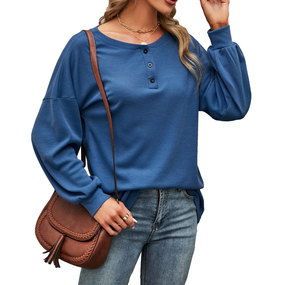 Women Long Sleeve Top Round Neck Loose T Shirt Button Decoration Casual Bottoming Shirt for Daily Wear Blue XL